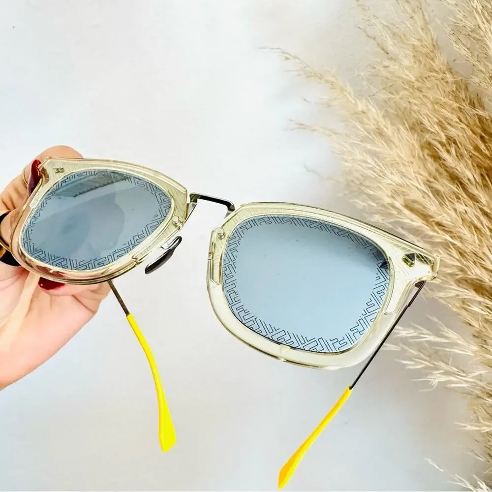 FENDI Logo Silver Yellow Metallic Grey Mirror Lens $595 Sunglasses Magnetic Case